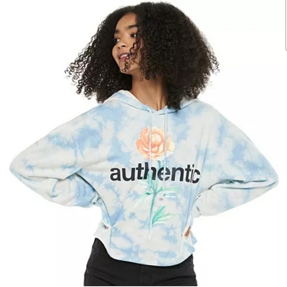 Mighty Fine Blue Cloud Authentic Cropped Fleece Hoodie Size Large - Picture 1 of 11